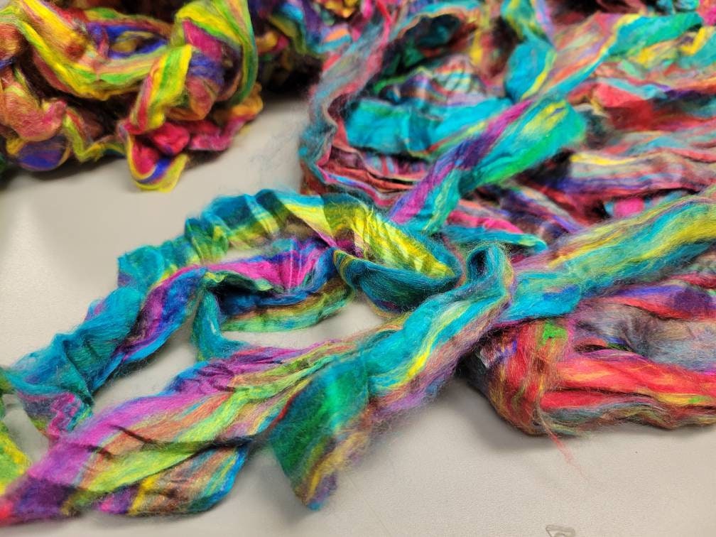 Reclaimed Silk Fiber Roving Bundle. Multi-Colored. 2nd Chance Fibers.