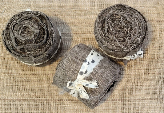 Silk Fabric Rolls - 3" Rolls of Raw Silk Strips. Brown.