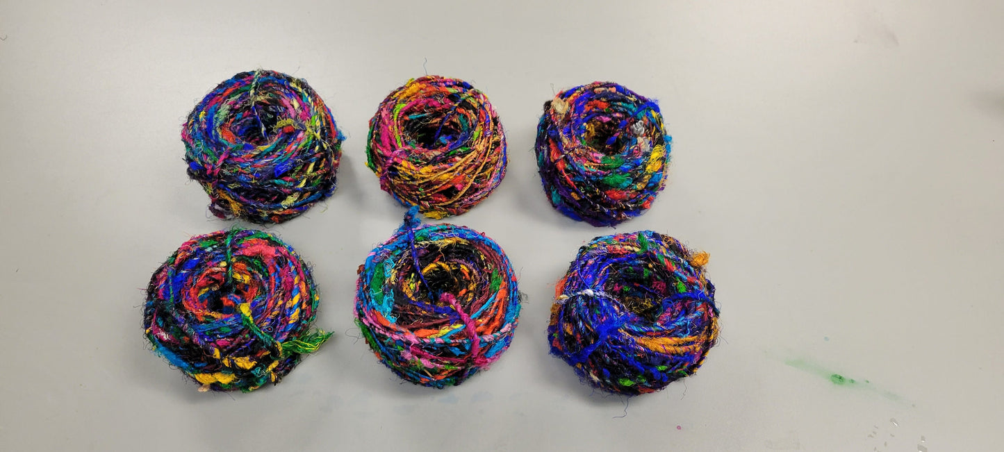 Reclaimed Silk Yarn. Art Yarn. 3.5 ounce. Hand-Spun Black and Rainbow. Recycled Yarn. 2nd Chance Fiber Yarn Bundle.