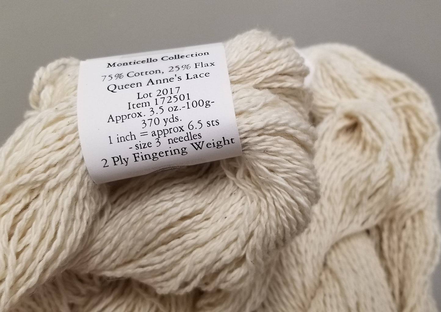 Cotton/Linen Blend Yarn "Monticello Collection" from Cestari Yarns. 75 Cotton / 25 Flax. Natural Fingering Weight.