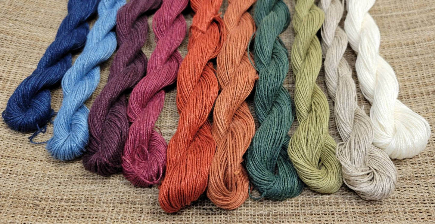 Linen 10 Skein Mini Set. Nature Grown Yarn. Natural Dyed. 600 Yards Total. Great for fine knitting, crochet, slow stitching and thread art