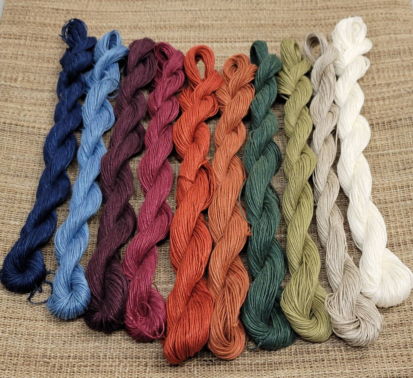 Linen 10 Skein Mini Set. Nature Grown Yarn. Natural Dyed. 600 Yards Total. Great for fine knitting, crochet, slow stitching and thread art