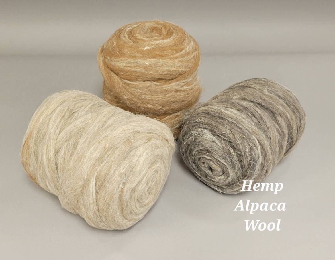 Hemp, Alpaca and Wool Fiber - Custom Blend Pin Draft Roving (20/50/30) Light, Medium, Dark Colors. Great for Weaving, Fiber Arts, Knitting