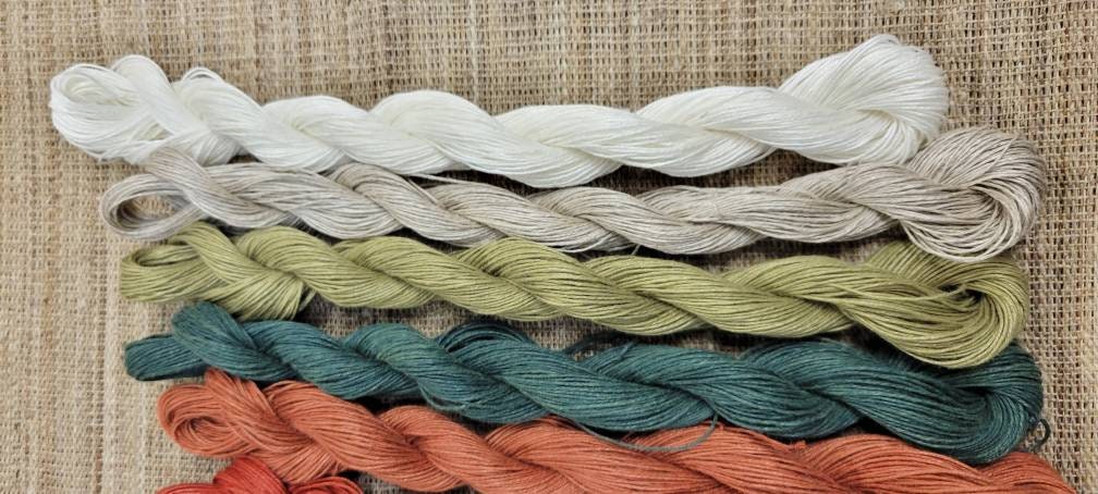 Linen 10 Skein Mini Set. Nature Grown Yarn. Natural Dyed. 600 Yards Total. Great for fine knitting, crochet, slow stitching and thread art