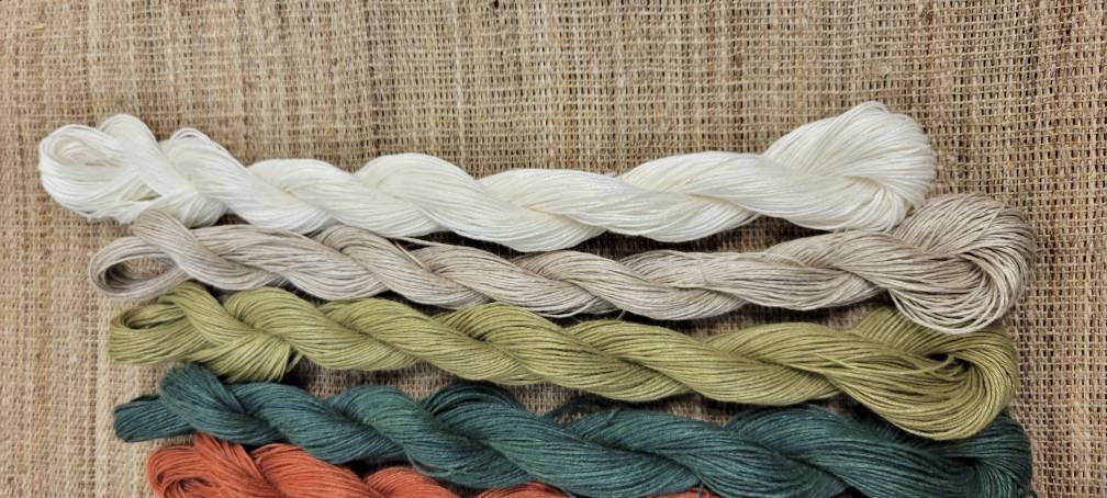 Linen 10 Skein Mini Set. Nature Grown Yarn. Natural Dyed. 600 Yards Total. Great for fine knitting, crochet, slow stitching and thread art