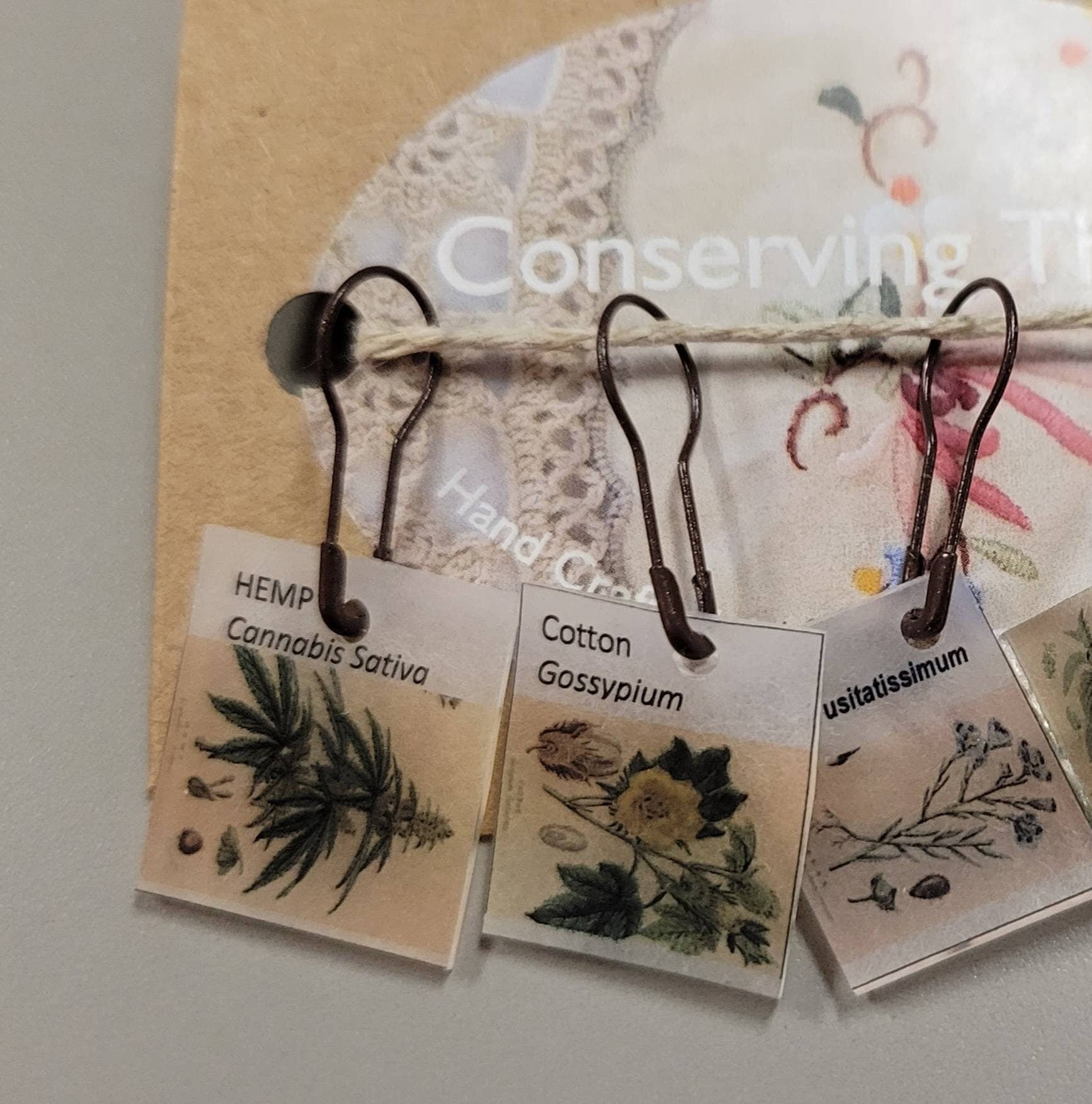 Stitch Markers. Set of 6. Fiber Plant Pictures. Plastic with metal hook. Cotton, Hemp, Nettle and Flax