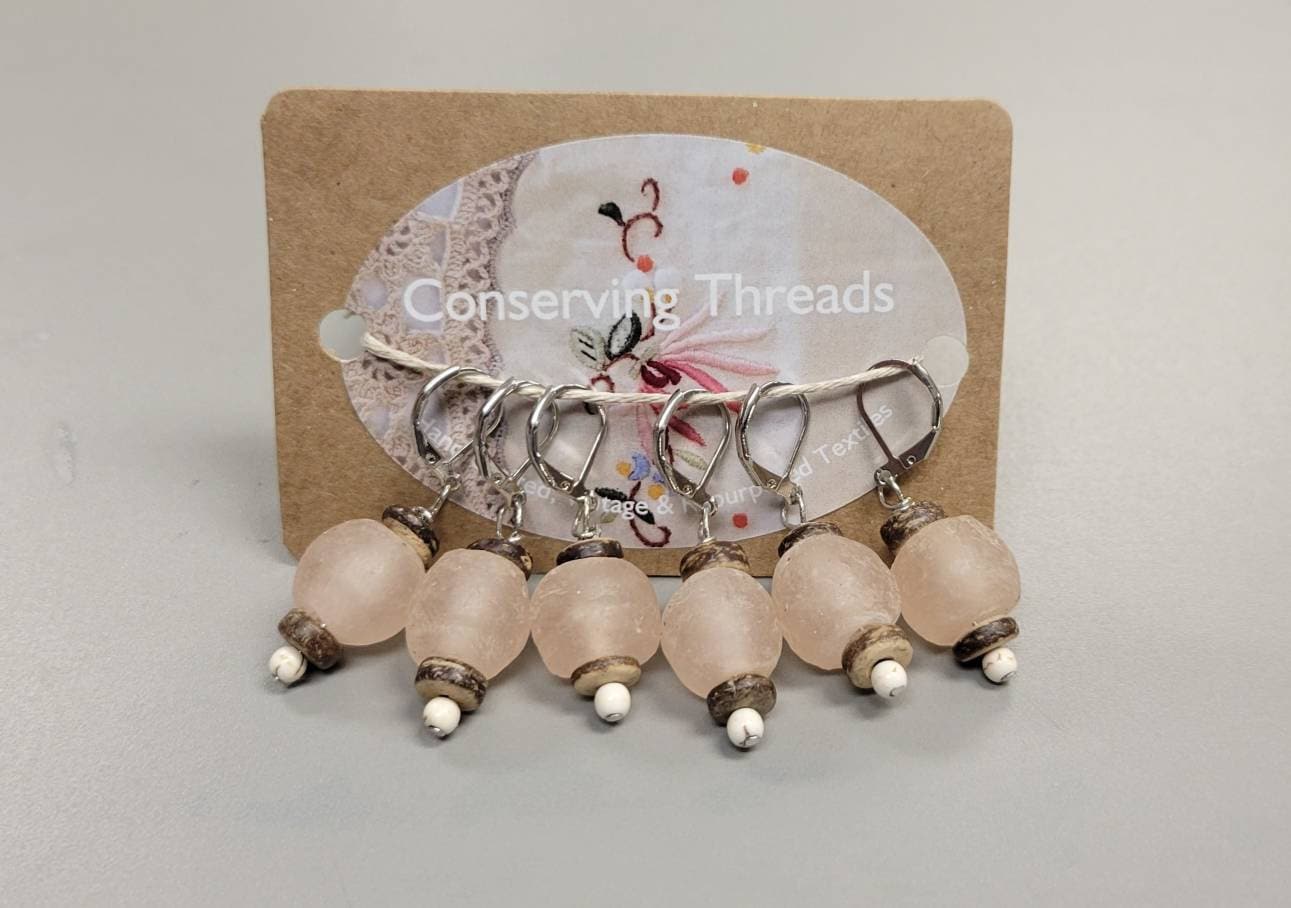 Recycled Glass Stitch Markers. Set of 6. Pink Glass Beads from Recycled Soda Bottles. Coconut wood spacer. Metal hook.