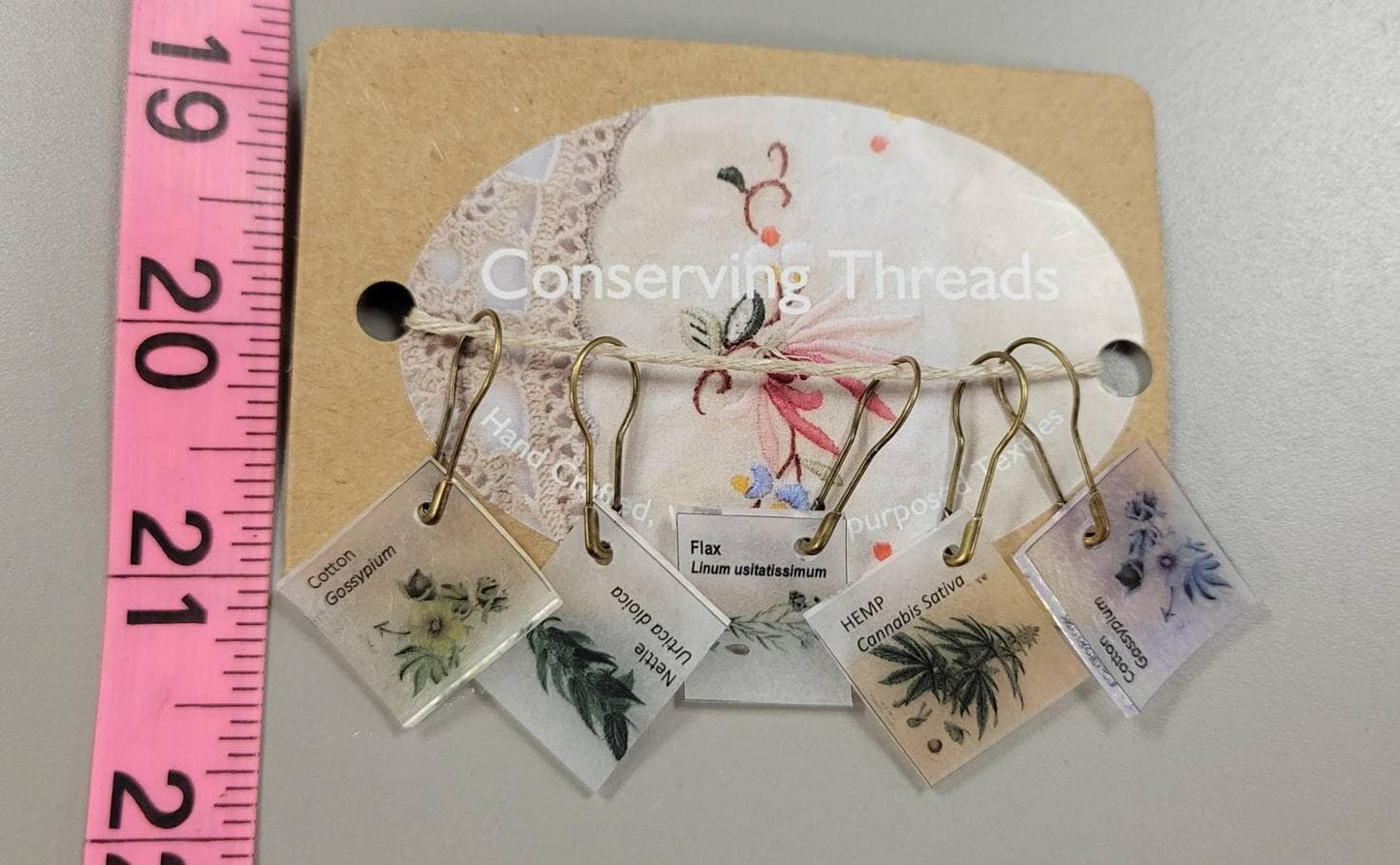 Stitch Markers. Set of 6. Fiber Plant Pictures. Plastic with metal hook. Cotton, Hemp, Nettle and Flax