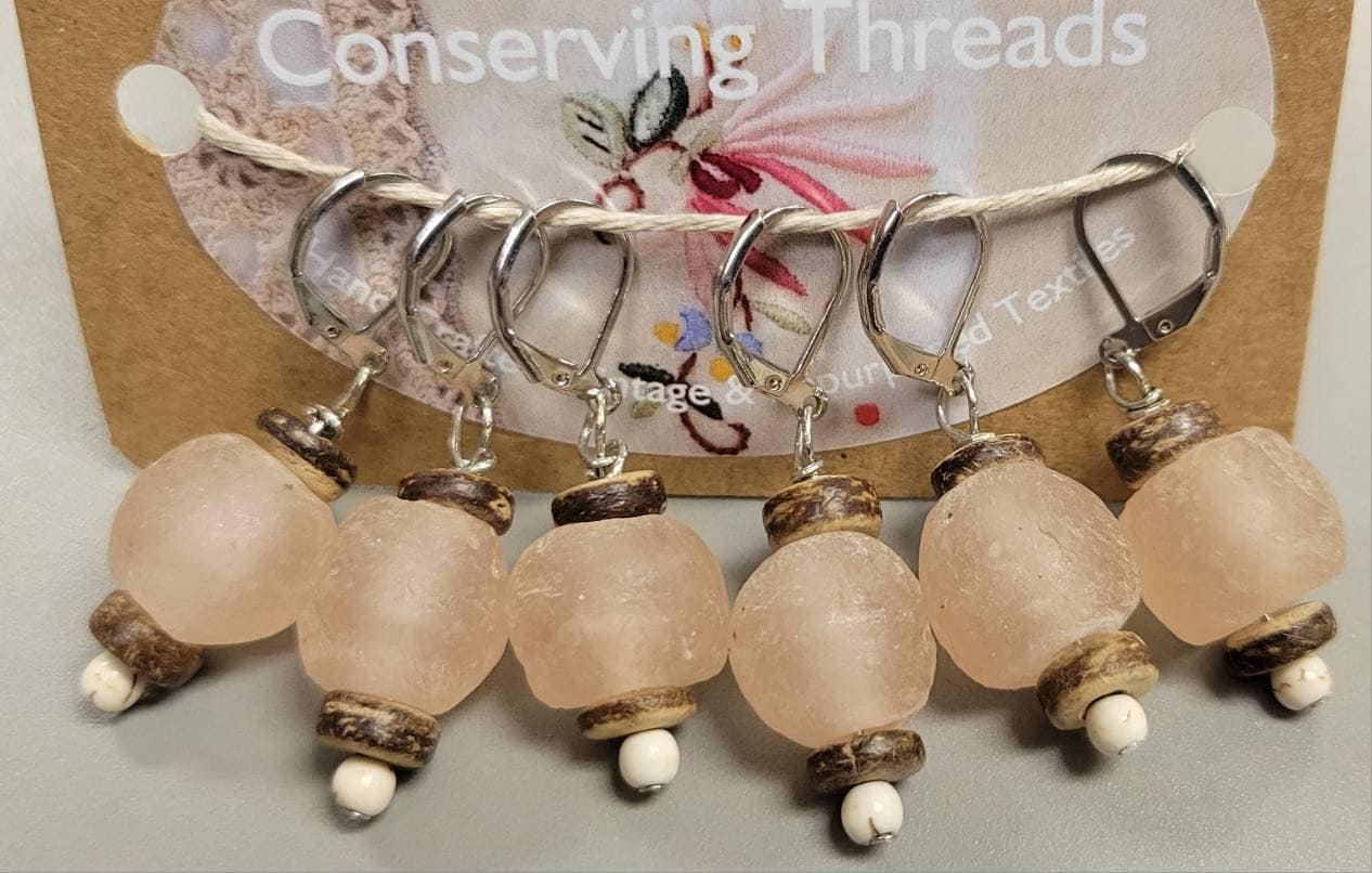 Recycled Glass Stitch Markers. Set of 6. Pink Glass Beads from Recycled Soda Bottles. Coconut wood spacer. Metal hook.