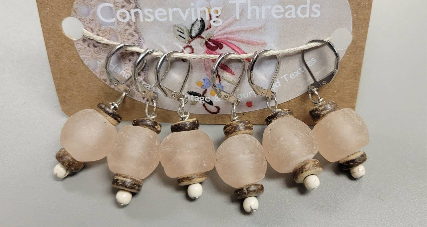 Recycled Glass Stitch Markers. Set of 6. Pink Glass Beads from Recycled Soda Bottles. Coconut wood spacer. Metal hook.