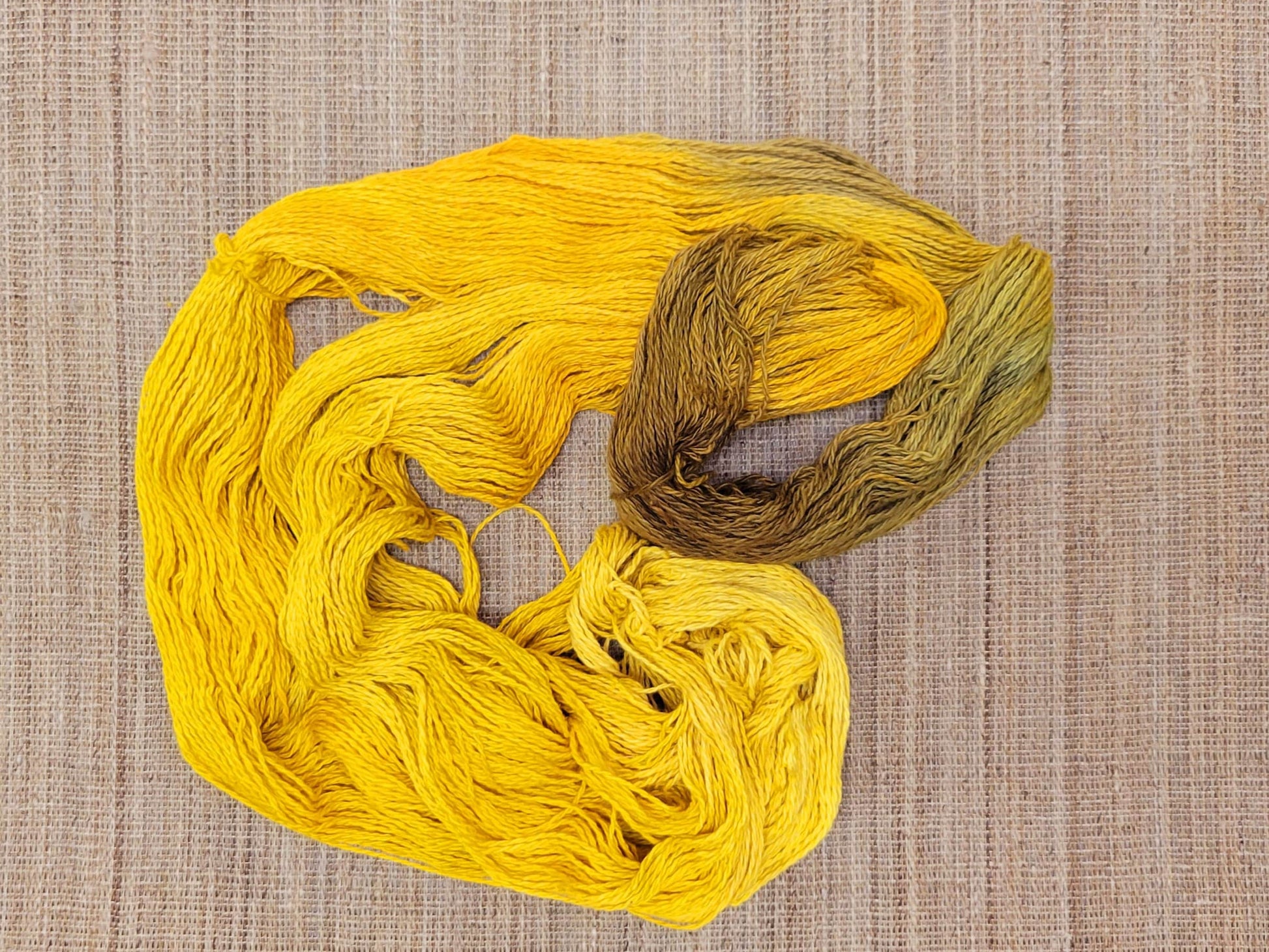 Dyed Cotton / Linen Blend Yarn. Yellow, Gold and Brown. Fingering Weight. Great for knitting, crochet, and weaving. Assigned Pooling.