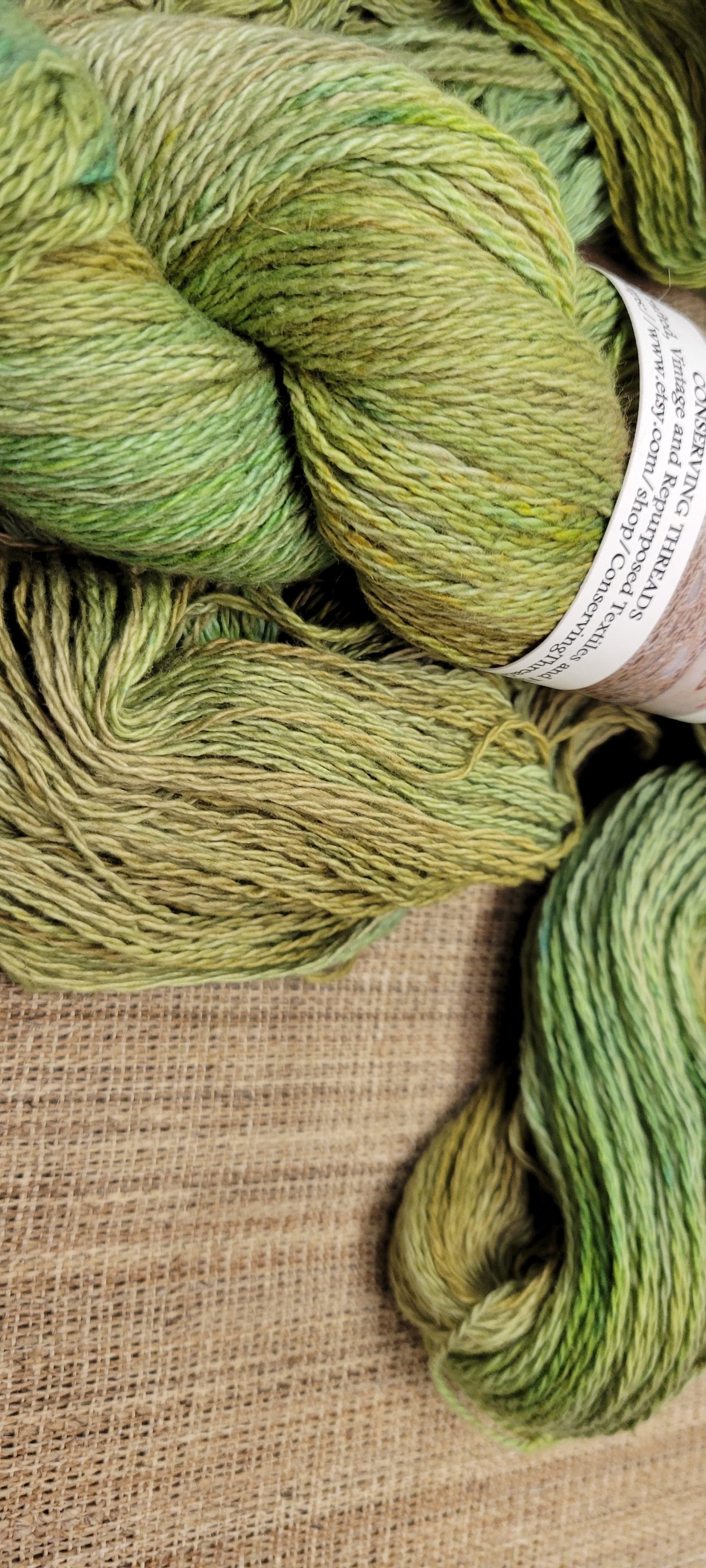 Dyed Cotton / Linen Blend Yarn. Green and Moss Brown. Fingering Weight. Great for knitting, crochet, and weaving.