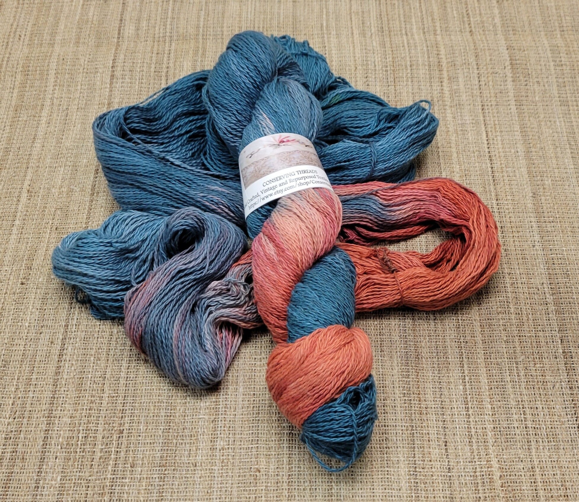 Dyed Cotton / Linen Blend Yarn. Blue and Red. Fingering Weight. Great for knitting, crochet, and weaving. Assigned Pooling.