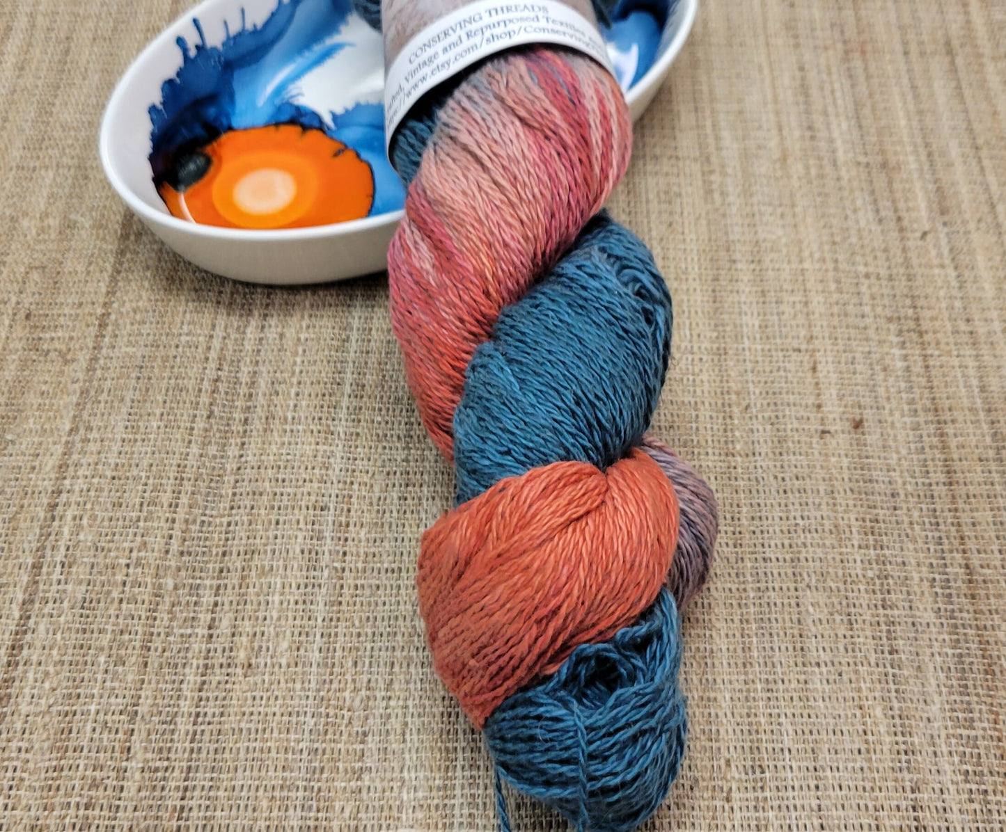 Dyed Cotton / Linen Blend Yarn. Blue and Red. Fingering Weight. Great for knitting, crochet, and weaving. Assigned Pooling.