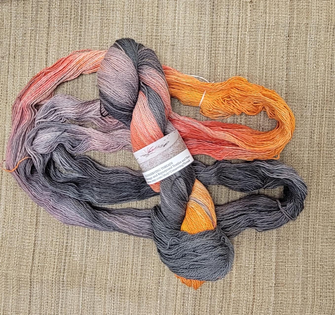 Dyed Cotton / Linen Blend Yarn. Gray, Red and Orange. Fingering Weight. Great for Assigned Pooling Knitting and Crochet.