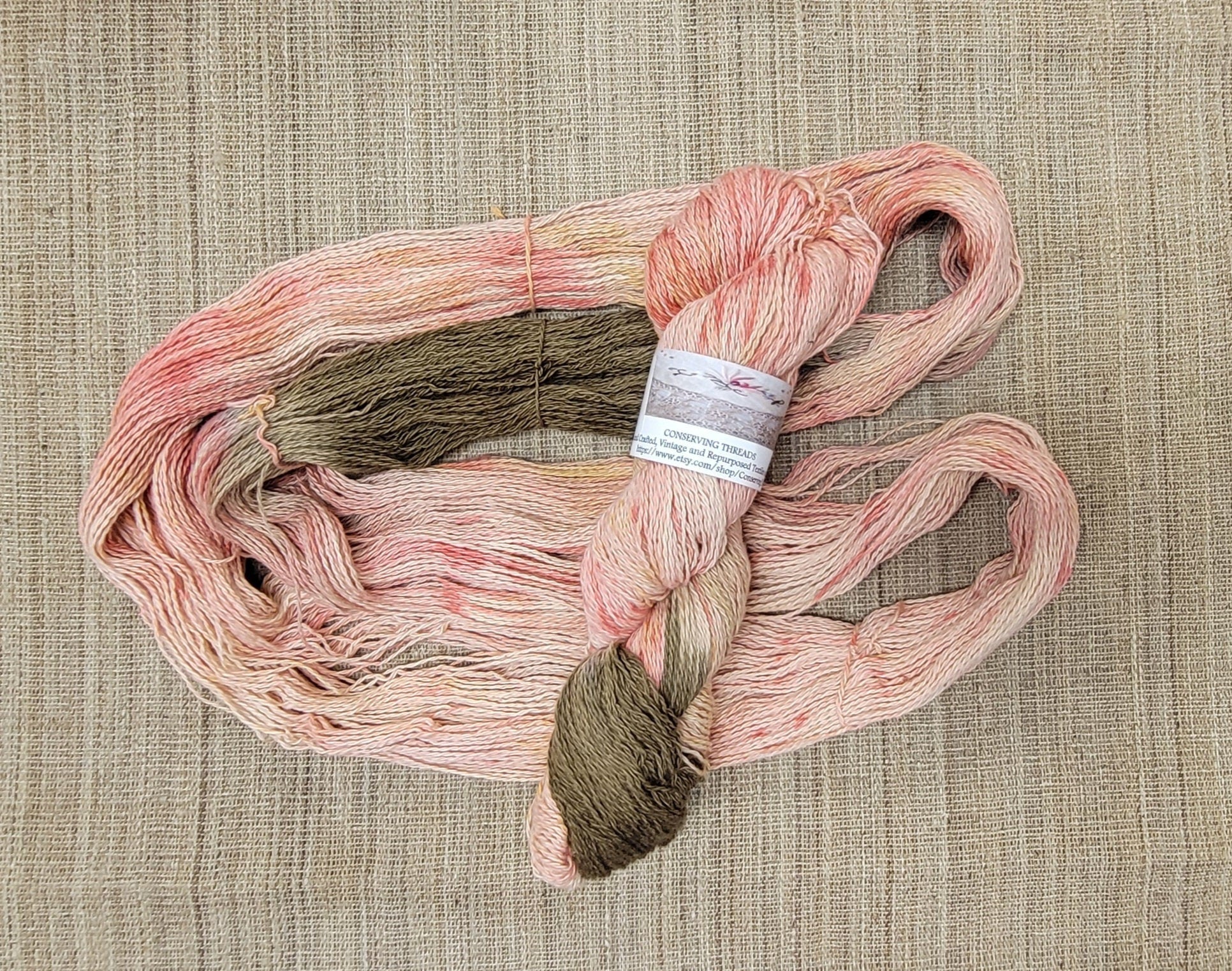 Dyed Cotton / Linen Blend Yarn. Pink and Brown. Fingering Weight. Great for knitting, crochet, weaving and other fiber arts.