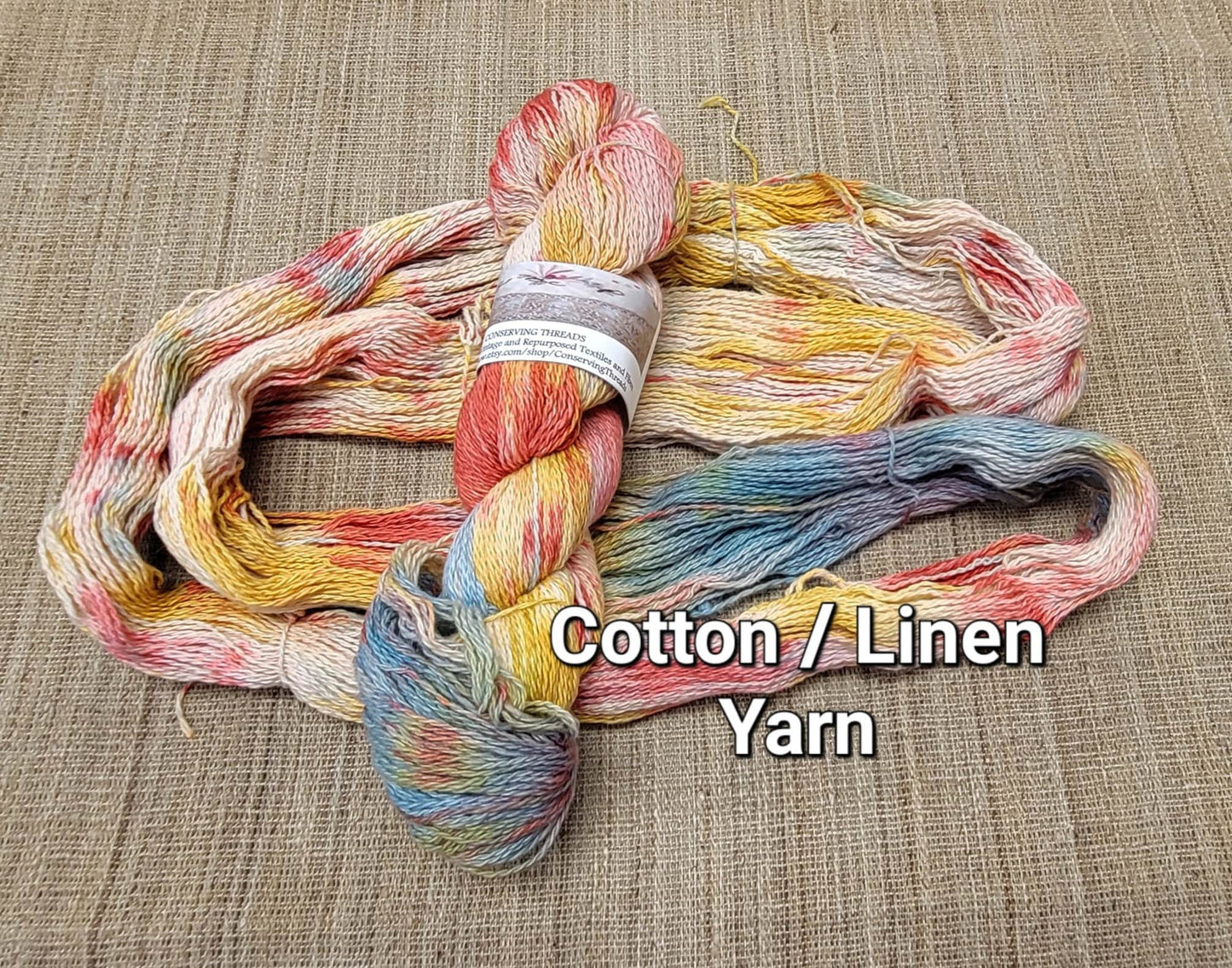 Dyed Cotton / Linen Blend Yarn. Red, Blue, Yellow and White. Fingering Weight. Great for knitting, crochet, and weaving. Assigned Pooling.