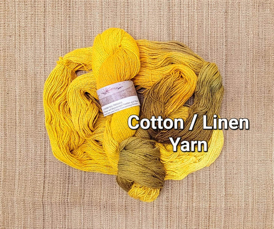 Dyed Cotton / Linen Blend Yarn. Yellow, Gold and Brown. Fingering Weight. Great for knitting, crochet, and weaving. Assigned Pooling.