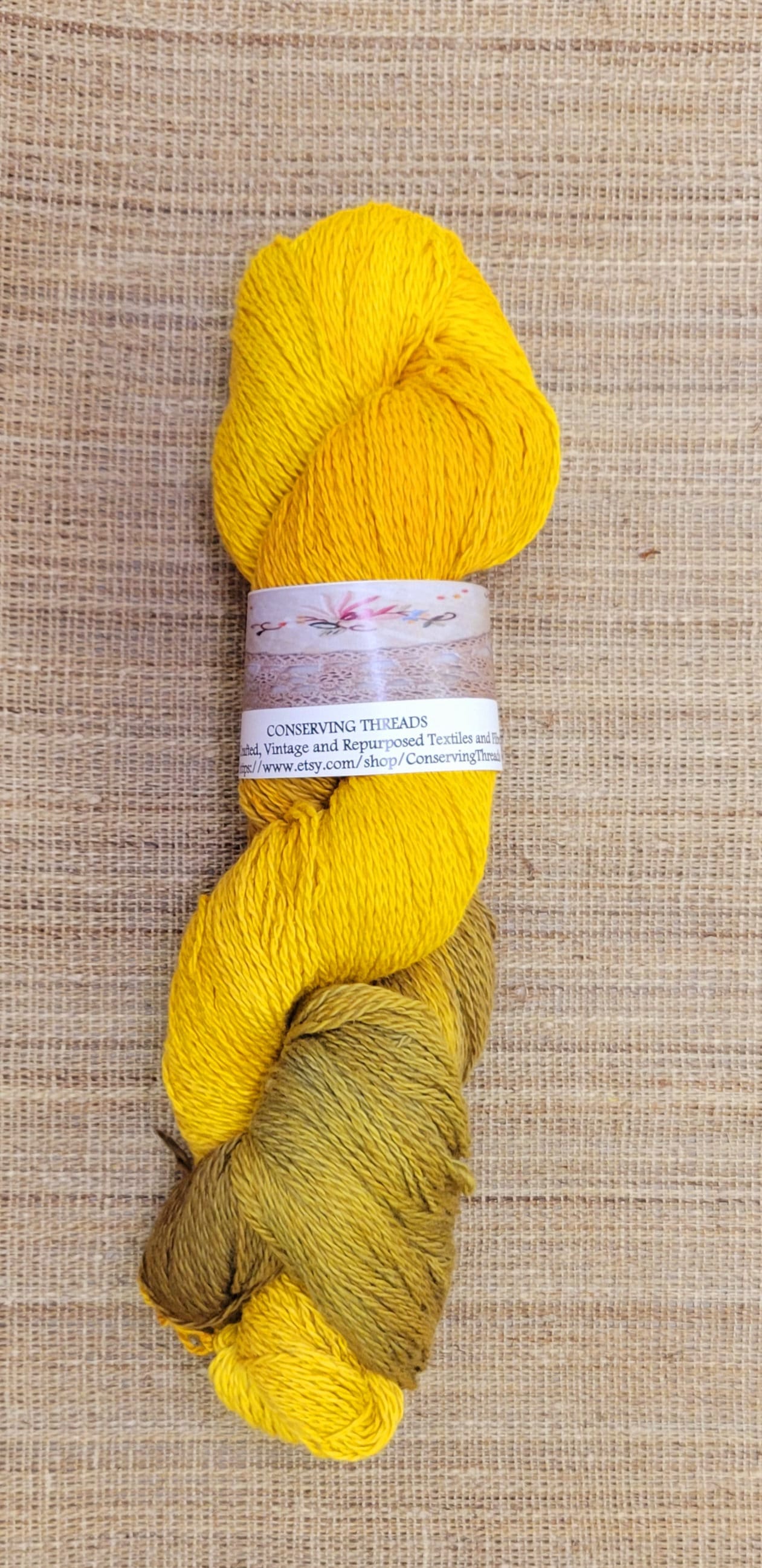 Dyed Cotton / Linen Blend Yarn. Yellow, Gold and Brown. Fingering Weight. Great for knitting, crochet, and weaving. Assigned Pooling.