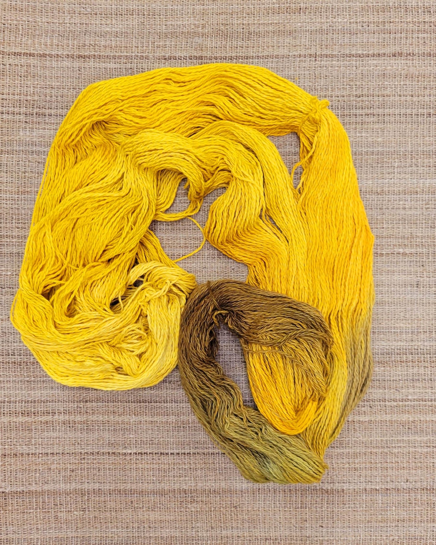 Dyed Cotton / Linen Blend Yarn. Yellow, Gold and Brown. Fingering Weight. Great for knitting, crochet, and weaving. Assigned Pooling.