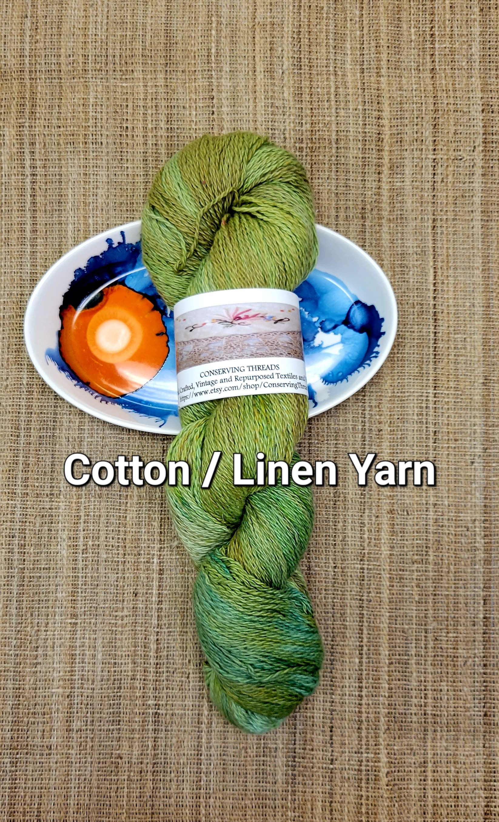 Dyed Cotton / Linen Blend Yarn. Green and Moss Brown. Fingering Weight. Great for knitting, crochet, and weaving.