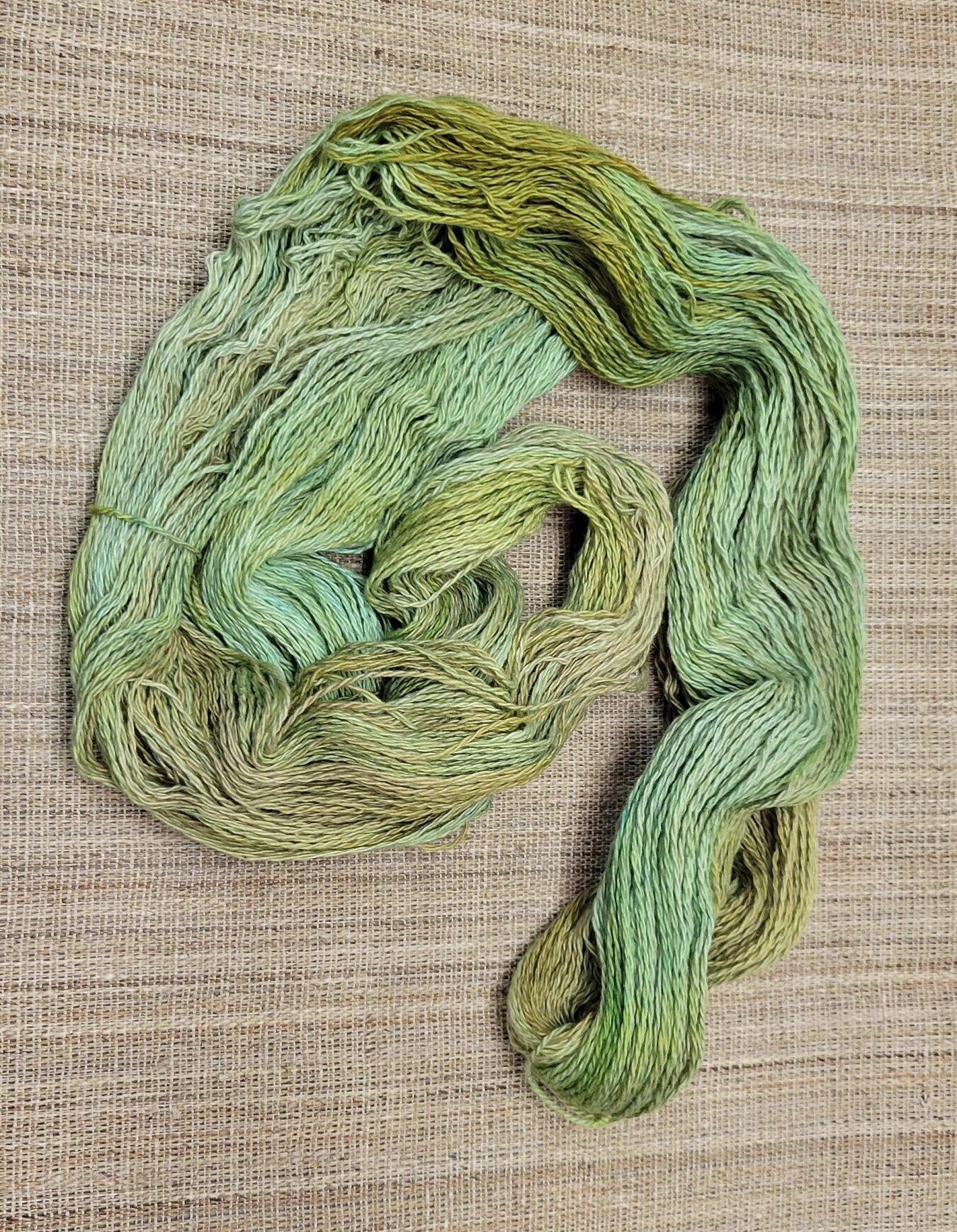 Dyed Cotton / Linen Blend Yarn. Green and Moss Brown. Fingering Weight. Great for knitting, crochet, and weaving.