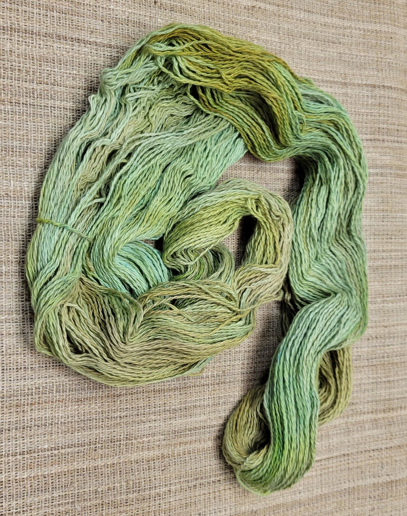 Dyed Cotton / Linen Blend Yarn. Green and Moss Brown. Fingering Weight. Great for knitting, crochet, and weaving.