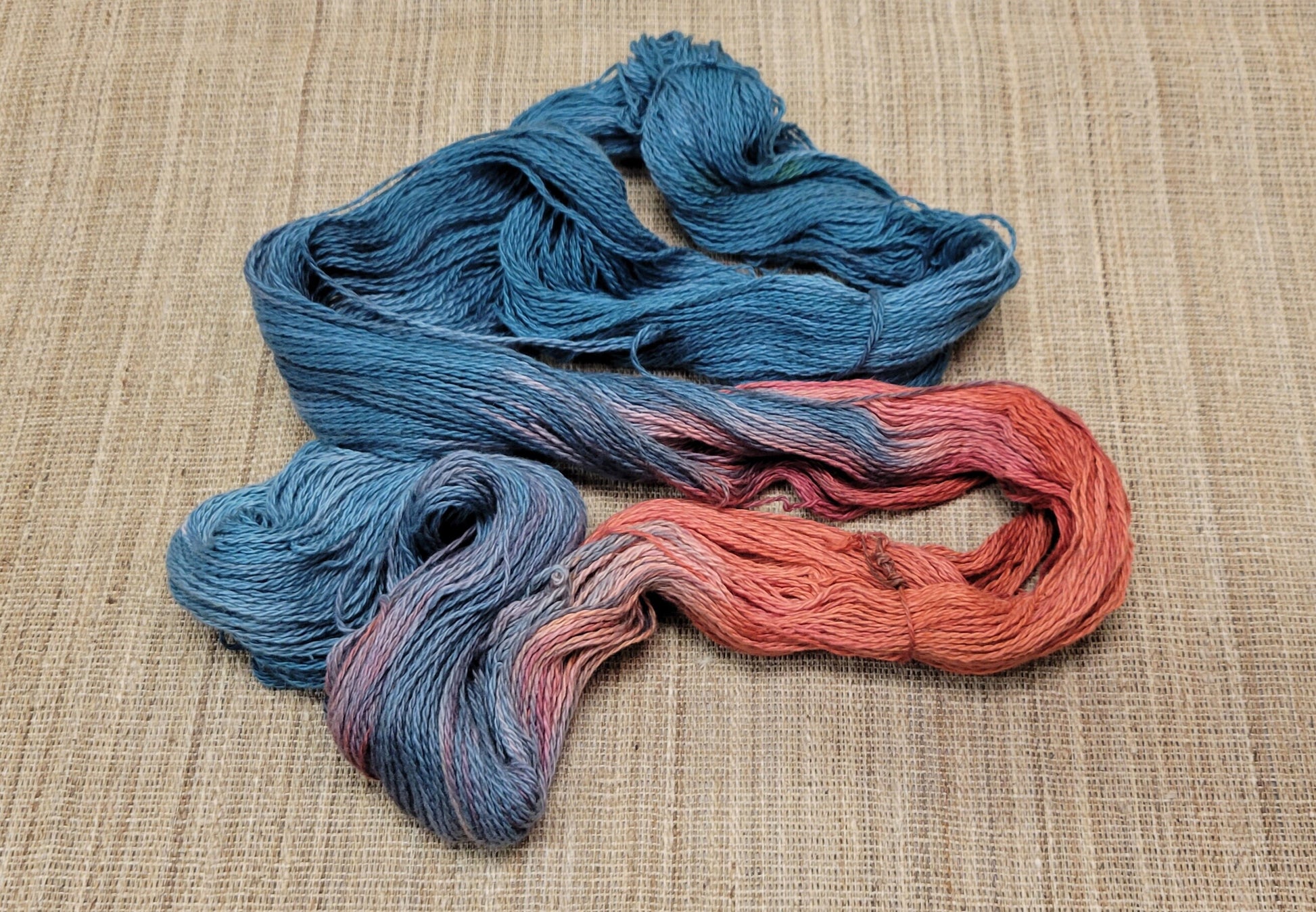 Dyed Cotton / Linen Blend Yarn. Blue and Red. Fingering Weight. Great for knitting, crochet, and weaving. Assigned Pooling.