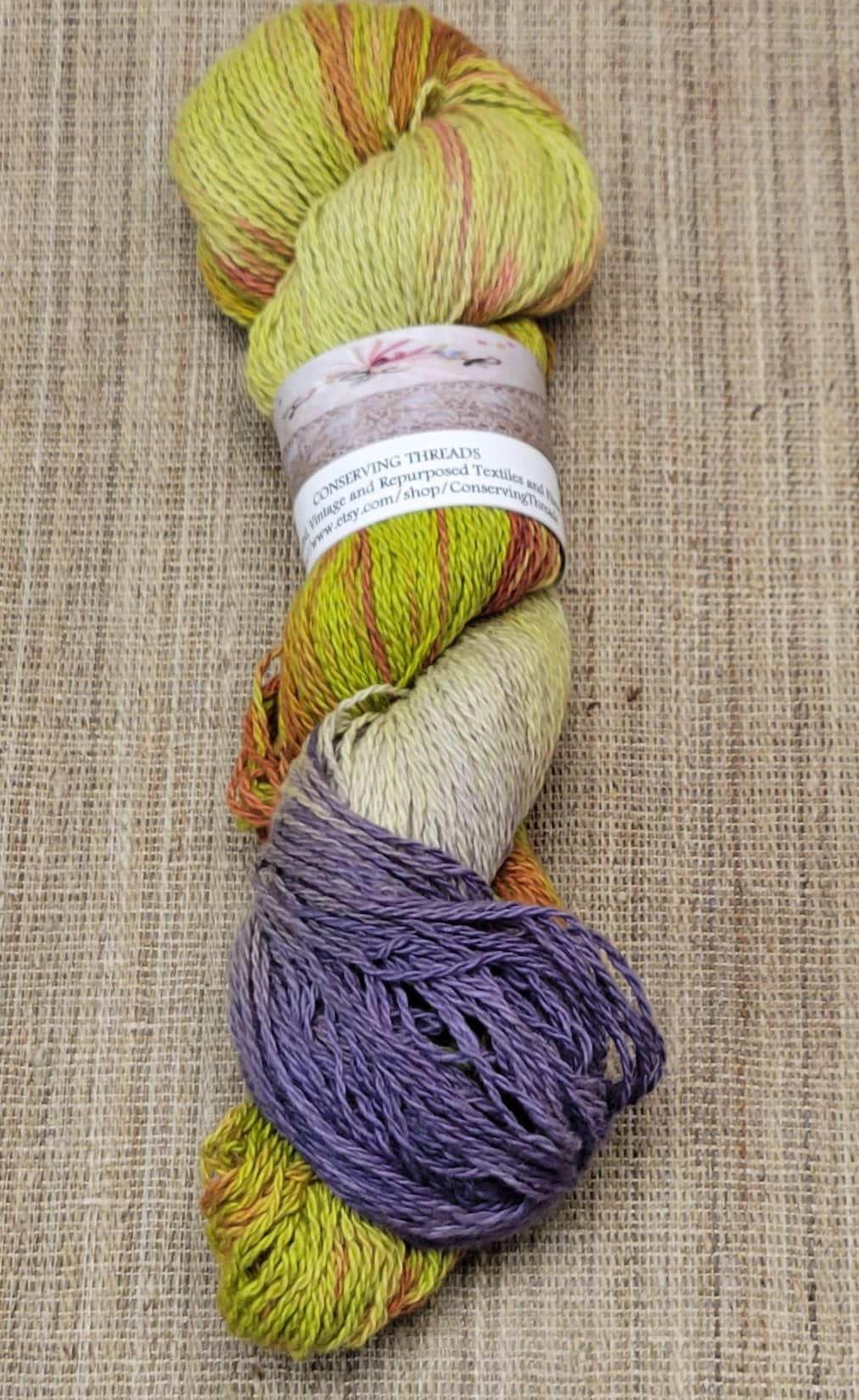 Dyed Cotton / Linen Blend Yarn. Purple, Orange and Green. Fingering Weight. Great for knitting, crochet, and weaving. Assigned Pooling.