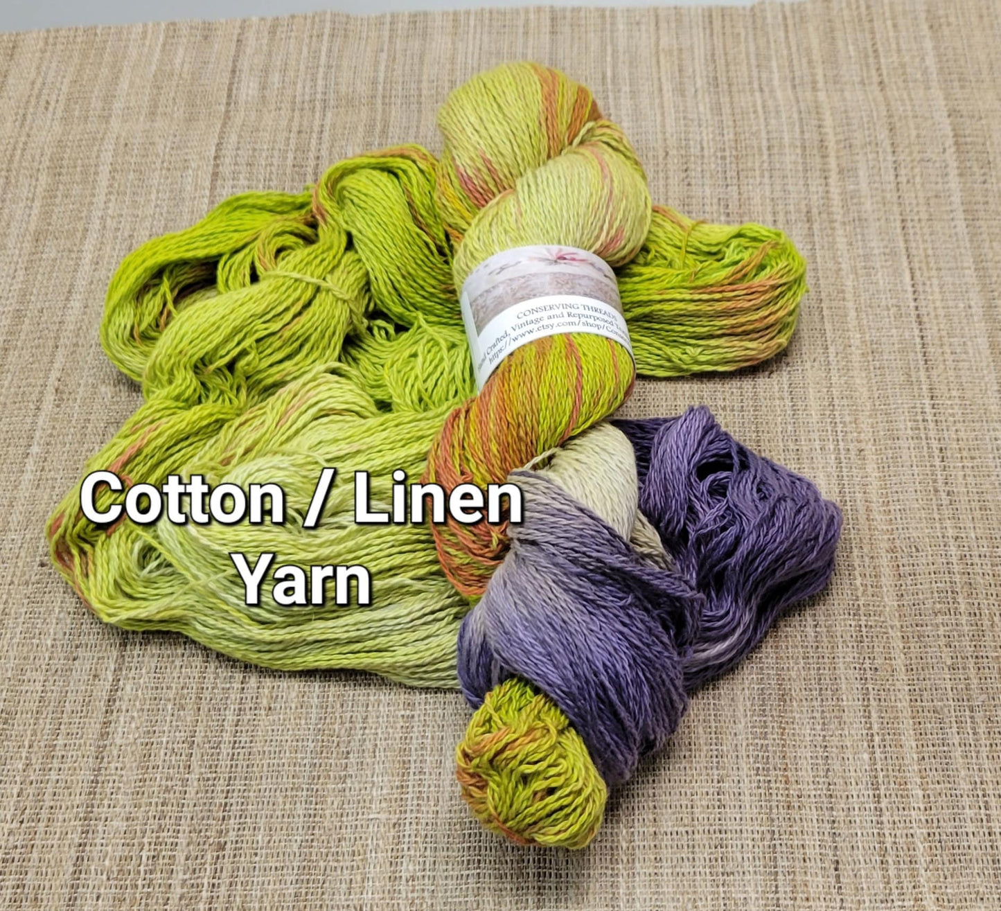 Dyed Cotton / Linen Blend Yarn. Purple, Orange and Green. Fingering Weight. Great for knitting, crochet, and weaving. Assigned Pooling.