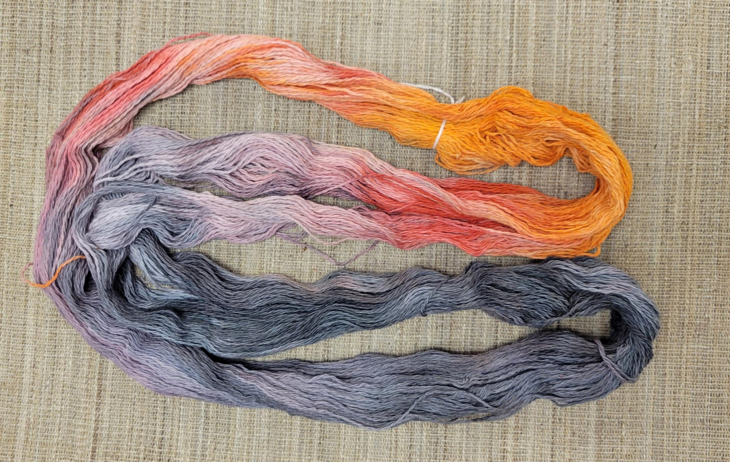 Dyed Cotton / Linen Blend Yarn. Gray, Red and Orange. Fingering Weight. Great for Assigned Pooling Knitting and Crochet.