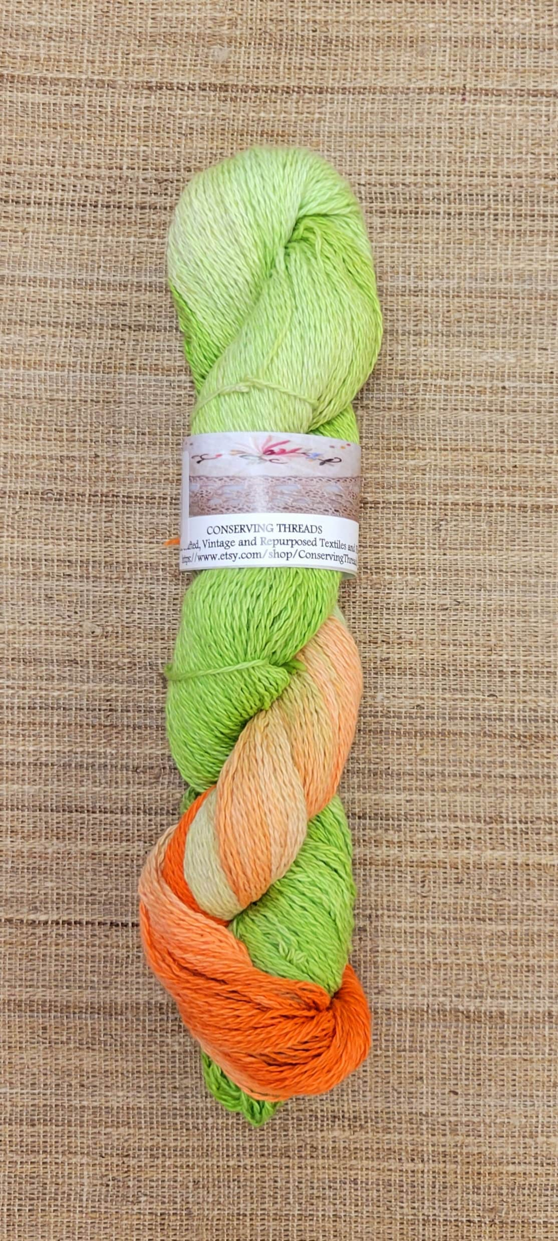 Dyed Cotton / Linen Blend Yarn. Green and Orange. Fingering Weight. Great for knitting, crochet, and weaving. Great for Assigned Pooling.