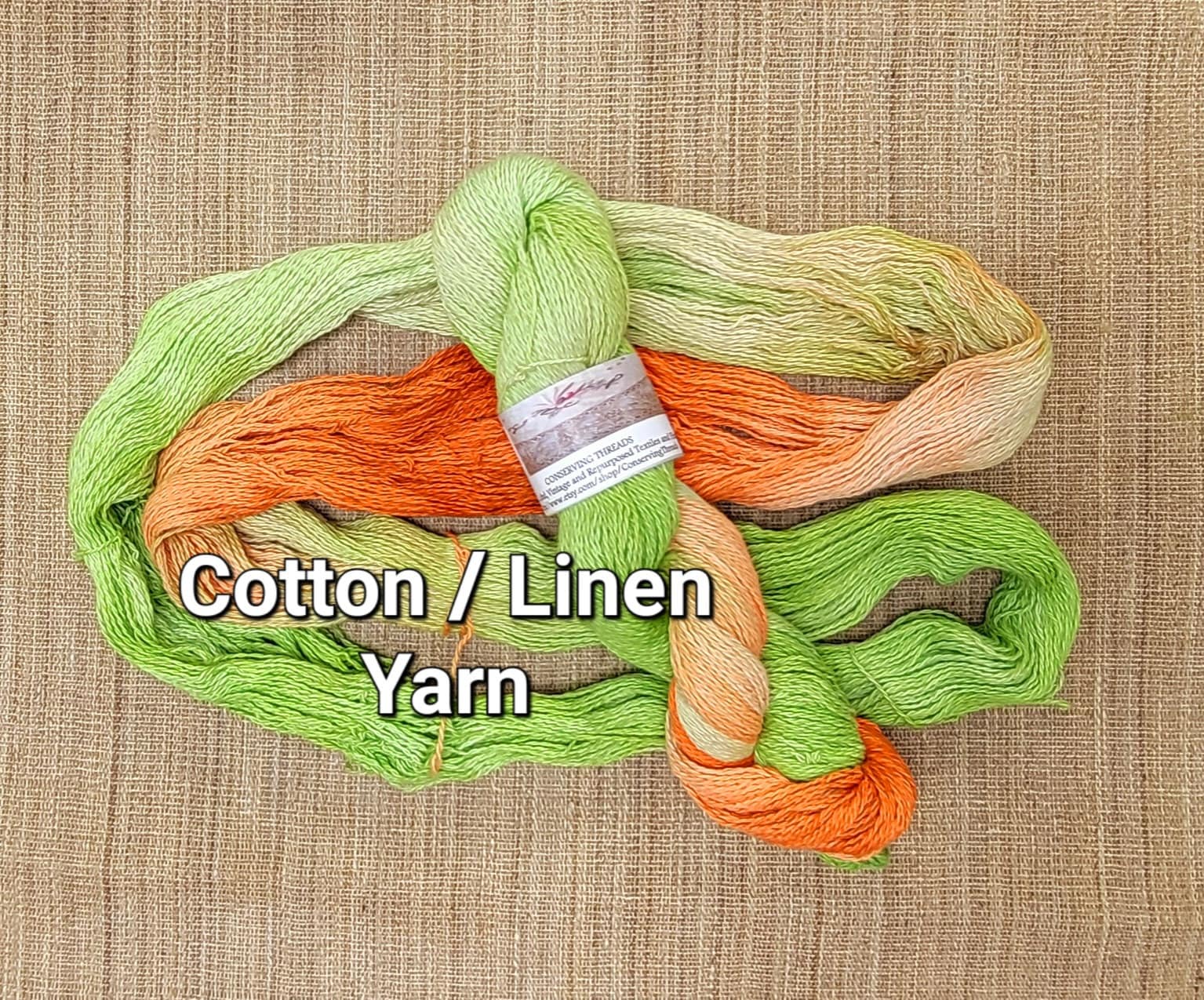 Dyed Cotton / Linen Blend Yarn. Green and Orange. Fingering Weight. Great for knitting, crochet, and weaving. Great for Assigned Pooling.