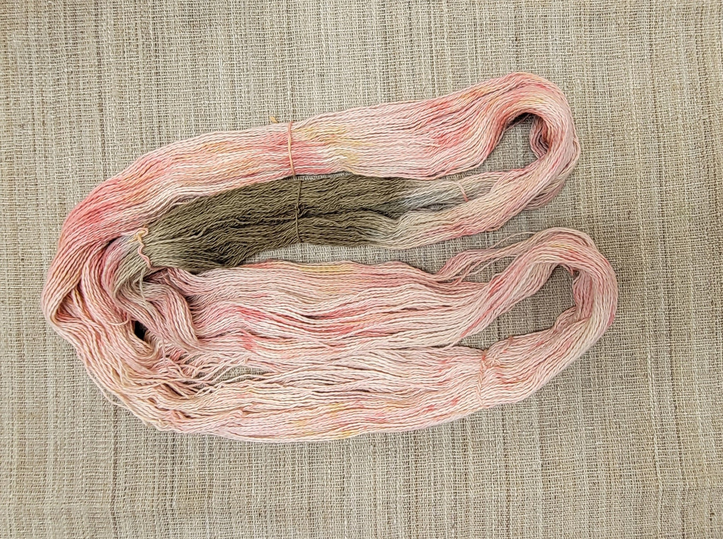 Dyed Cotton / Linen Blend Yarn. Pink and Brown. Fingering Weight. Great for knitting, crochet, weaving and other fiber arts.