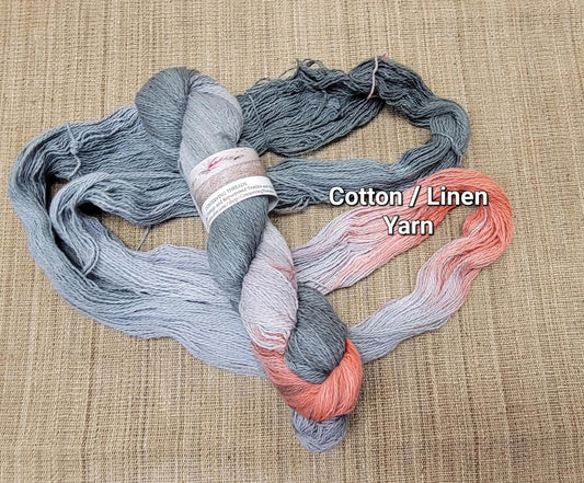 Dyed Cotton / Linen Blend Yarn. Gray and Red. Fingering Weight. Great for knitting, crochet, and weaving. Assigned Pooling.