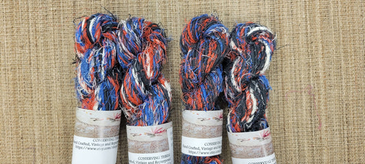 Linen Reclaimed Yarn. Skein Bundle. Hand-Spun Fibers Upcycled. Art Yarn in Red, Blue, Black, and White.