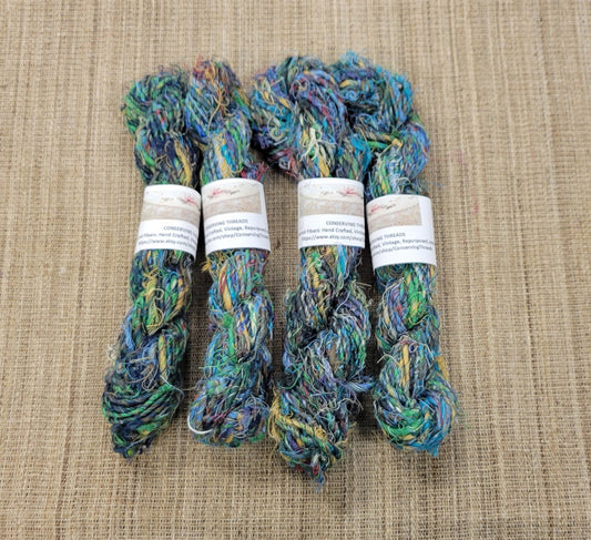 Linen, Reclaimed Yarn. 4 Skein Bundle. Blue, Yellow and Green. Hand-Spun Fibers Upcycled. Art Yarn.