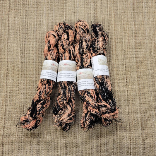 Linen, Reclaimed Yarn. 4 Skein Bundle. Black and Peach. Hand-Spun Fibers Upcycled. Art Yarn.