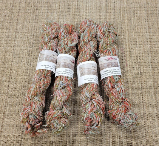 Linen Reclaimed Yarn. Skein Bundle. Hand-Spun Fibers Upcycled. Red, Tan, Light Blue and White. Art Yarn