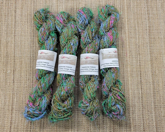 Linen, Reclaimed Yarn. Skein Bundle. Blue, Pink and Green. Hand-Spun Fibers Upcycled. Art Yarn.