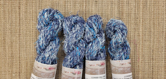 Linen, Reclaimed Yarn. Skein Bundle. Blue and White. Hand-Spun Fibers Upcycled. Art Yarn.