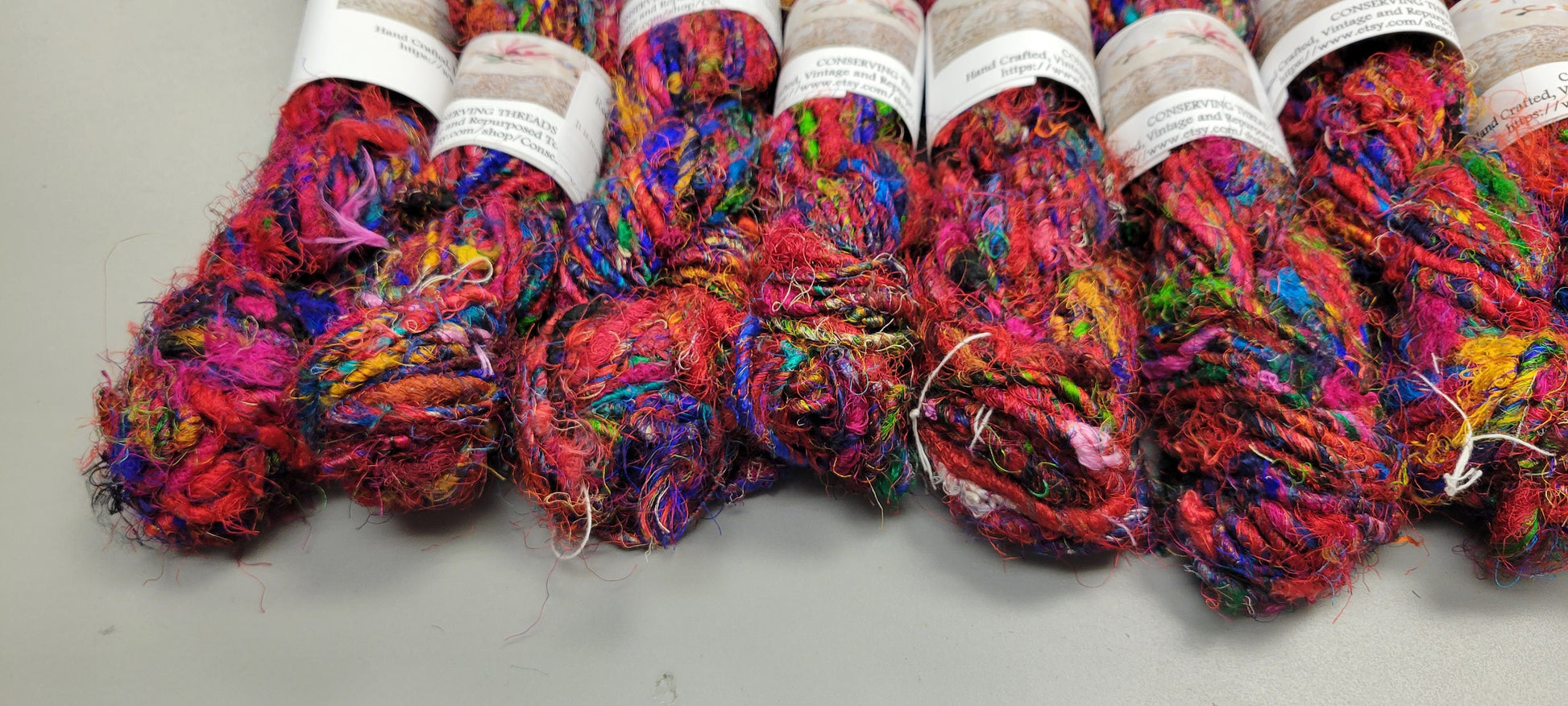 Set 10 Reclaimed Silk Yarn Skeins. Art Yarn Hand-Spun Red and Rainbow. Recycled Yarn. 2nd Chance Fiber Yarn Bundle.