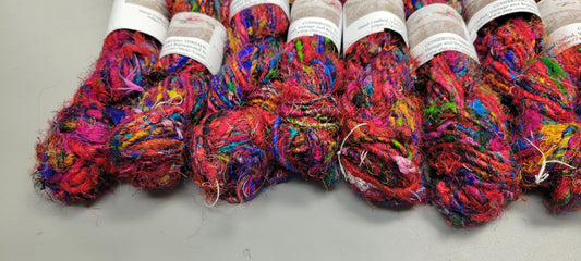 Set 10 Reclaimed Silk Yarn Skeins. Art Yarn Hand-Spun Red and Rainbow. Recycled Yarn. 2nd Chance Fiber Yarn Bundle.