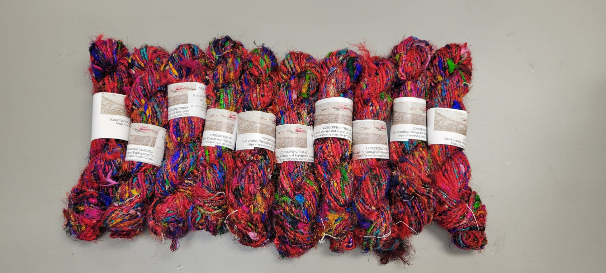 Set 10 Reclaimed Silk Yarn Skeins. Art Yarn Hand-Spun Red and Rainbow. Recycled Yarn. 2nd Chance Fiber Yarn Bundle.