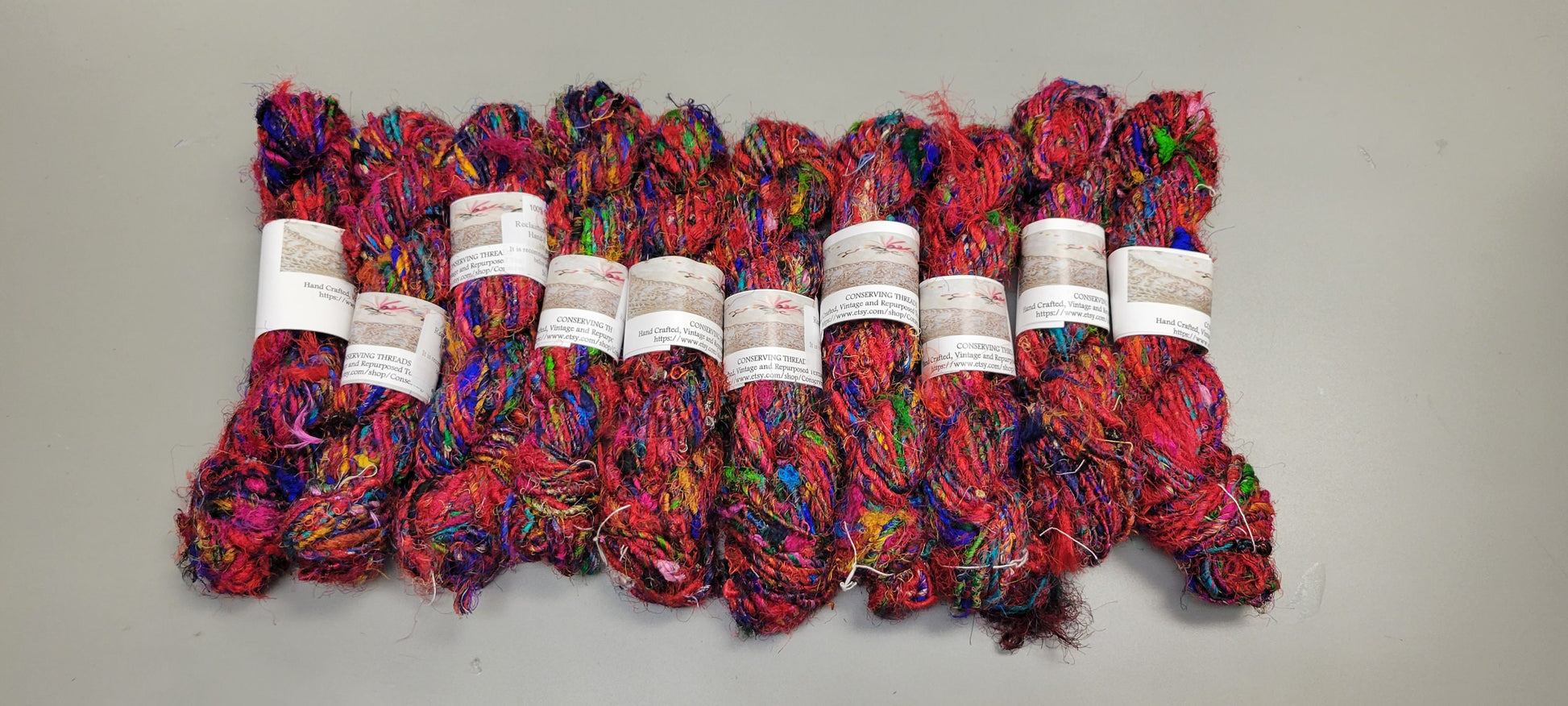 Set 10 Reclaimed Silk Yarn Skeins. Art Yarn Hand-Spun Red and Rainbow. Recycled Yarn. 2nd Chance Fiber Yarn Bundle.