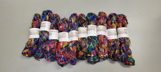 Set 10 Reclaimed Silk Yarn Skeins. Art Yarn. Hand-Spun Black and Rainbow. Recycled Yarn. 2nd Chance Fiber Yarn Bundle.