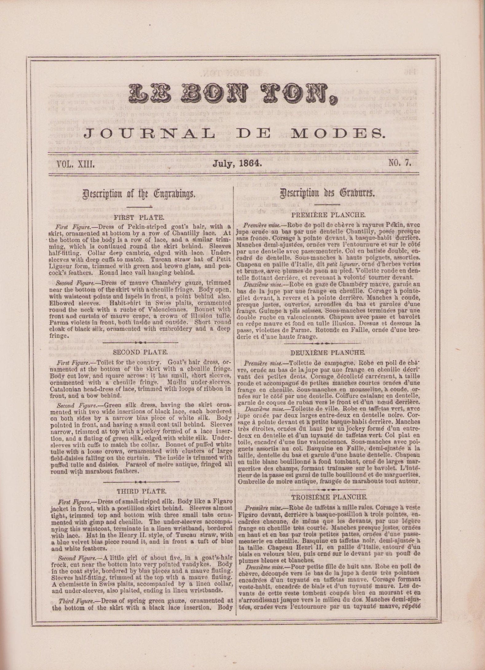 1864 July, Le Bon Ton Journal de Modes. Catalog Monthly Report. Paris Fashions Ladies Dress, E-book DOWNLOAD, Fine Arts, Vol 13, No 7.