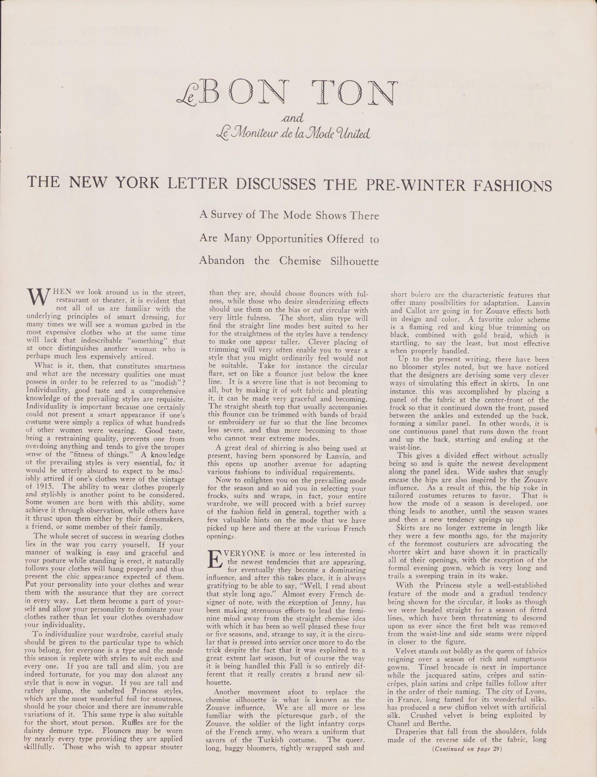 1923 Le Bon Ton Le Moniteur de la Mode United November. Catalog Monthly Report. Paris Fashions Ladies Dress, E-book DOWNLOAD, Vol 72 No 9.