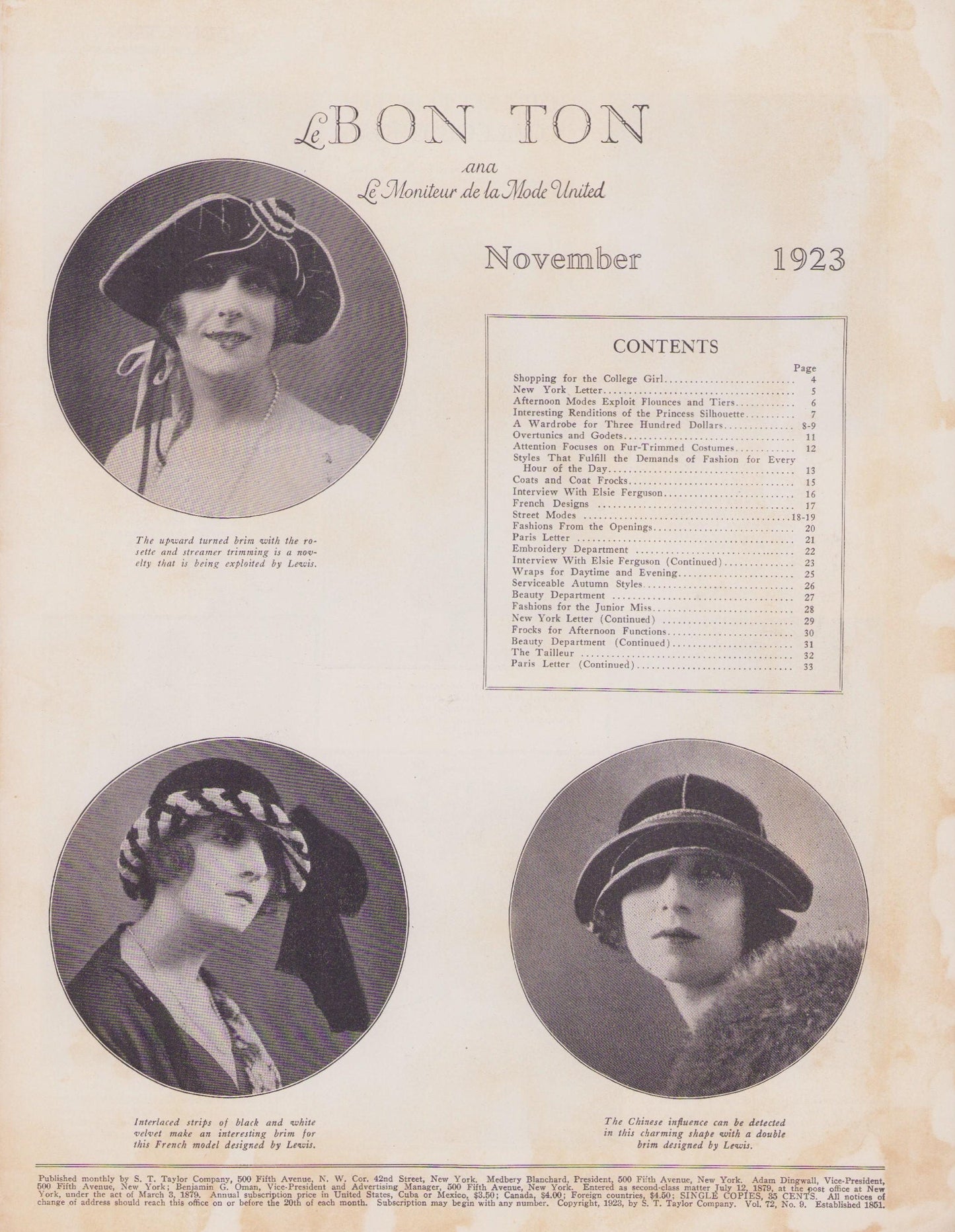 1923 Le Bon Ton Le Moniteur de la Mode United November. Catalog Monthly Report. Paris Fashions Ladies Dress, E-book DOWNLOAD, Vol 72 No 9.