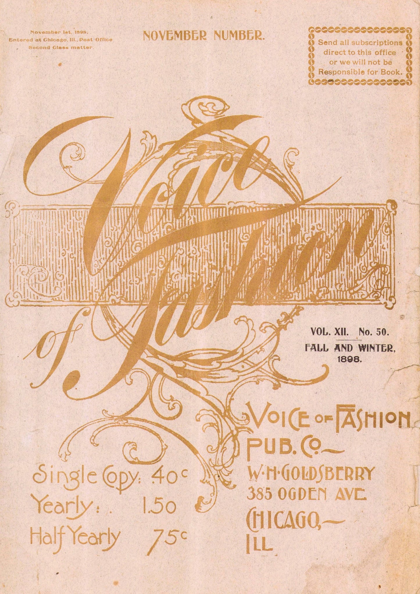 1898 Voice of Fashion November, Chicago Publishing Co, W. H. Goldsberry. Patten Book, Ladies, & Children. E-book DOWNLOAD, Vol 12 No 50.